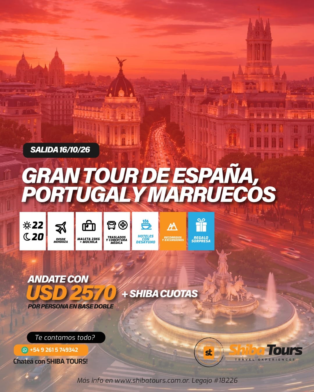 GRAN TOUR DE ESPAÑA, PORTUGAL Y MARRUECOS DESDE MENDOZA SALIDA 16/10/2026
